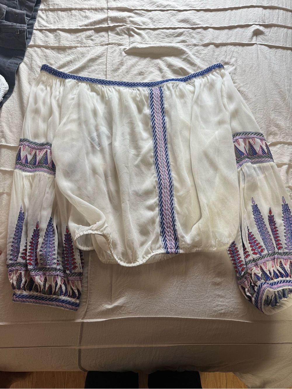 Free People White Off-Shoulder Embroidered Peasant Top with Blue & Purple Trim